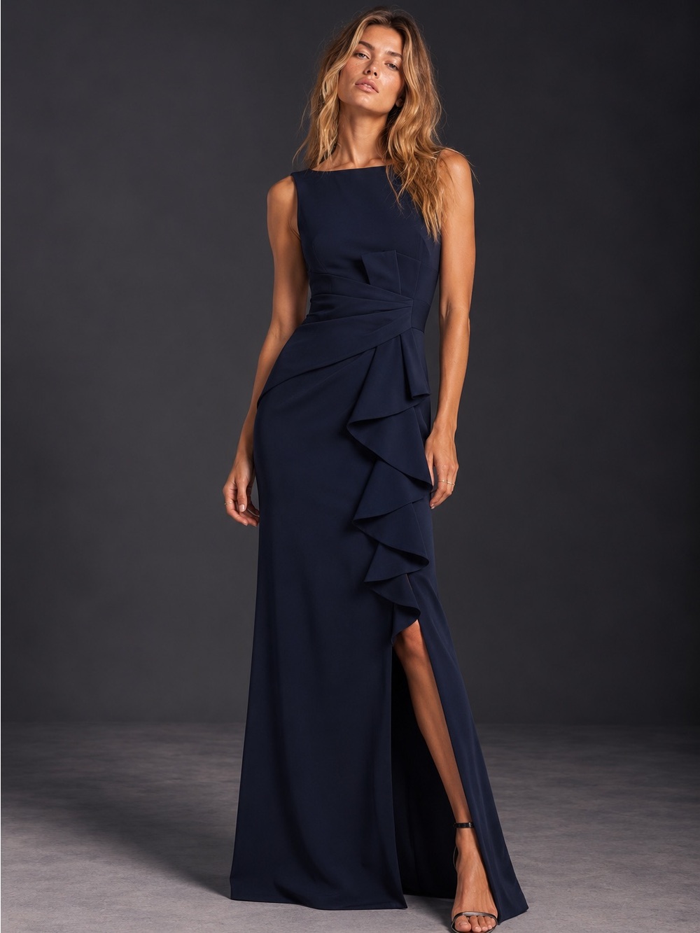 Eliza J Ruffle Front Gown Navy NWT Size 8